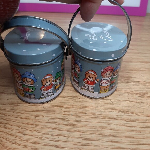 Pair VTG RAZ Imports Merry Christmas Mini Anthropomorphic Bear Tins w/ Handle - Picture 7 of 10